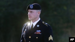 FILE - Army Sgt. Bowe Bergdahl arrives for a pretrial hearing at Fort Bragg, North Carolina, Jan. 12, 2016.