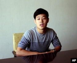FILE - Joo Won-moon, a South Korean student at New York University, is interviewed at the Koryo Hotel in Pyongyang, North Korea Tuesday, July 14, 2015