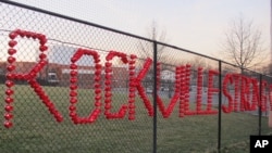 Plastic cups spell out "Rockville Strong," at Rockville High School in Rockville, Maryland, March 23, 2017. 