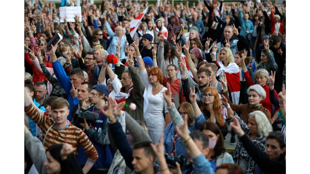 Protesters rally against elections results they say were rigged, in Independence Square in Minsk, Belarus, Aug. 27, 2020.