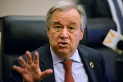FILE - In this file photo United Nations Secretary-General Antonio Guterres speaks during a press conference at the African Union headquarters during the 33rd African Union (AU) Summit on Feb. 8, 2020, in Addis Ababa.