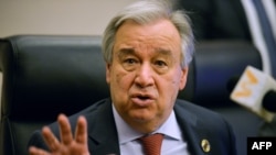 (FILES) In this file photo United Nations Secretary-General Antonio Guterres speaks during a press conference at the African Union headquarters during the 33rd African Union (AU) Summit on February 8, 2020, in Addis Ababa. - UN Secretary-General…