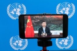 Chinese President Xi Jinping is seen on a phone screen remotely addressing the 75th session of the United Nations General Assembly, Sept. 22, 2020, at U.N. headquarters.