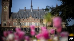 Tulipanes florecen ante el Palacio de la Paz que acoge la Corte Internacional de Justicia en La Haya, Holanda, el miércoles 1 de mayo de 2024.