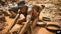 A gold miner scoops mud while digging an open pit at the Chudja mine in the Kilomoto concession near the village of Kobu, 100 km (62 miles) from Bunia in north-eastern Congo, (File)