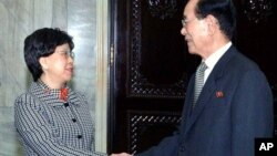 지난 2010년 4월 평양에서 김영남 북한 최고인민회의 상임위원장과 만난 마거릿 찬 WHO 사무총장.