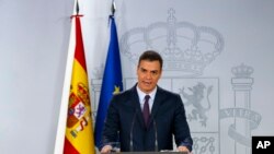 Spain's Prime Minister Pedro Sanchez delivers a statement at the Moncloa Palace in Madrid, Spain, Feb. 15, 2019. 