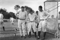 1920년대 후반 미국 프로야구팀 뉴욕 양키스의 플로리다 스프링캠프에서 베이브 루스 선수(왼쪽)와 밀러 허긴스 감독, 루 게릭 선수.