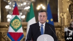 Former head of the European Central Bank Mario Draghi gives a press conference after a meeting with Italian president Sergio Mattarella, at the Quirinal palace in Rome, Italy, Feb. 3, 2021.