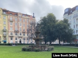 Architecture and features such as this fountain in Prague's Smichov neighborhood remind exiled Alexey Levchenko of the Russian city of St. Petersburg.