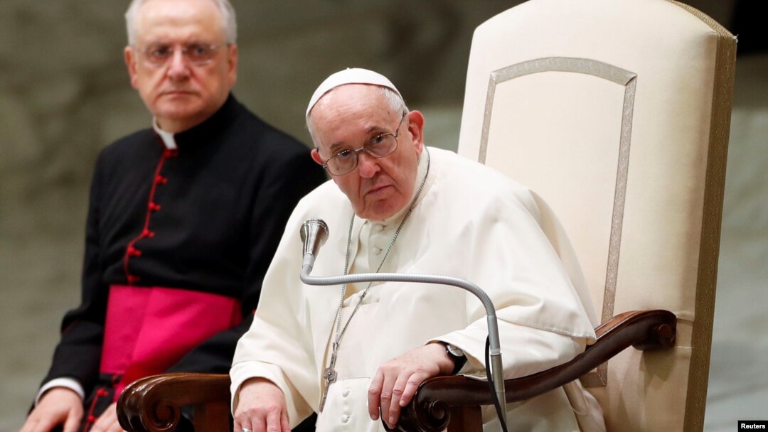 Pope Francis looks on during the weekly general audience in the Paul VI Hall, at the Vatican, Oct. 6, 2021. 
