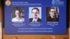 Academy of Sciences members of the Nobel Assembly at the Swedish Riksbank announce the Swedish Riksbank's prize in economic science, which goes to Daron Acemoglu, Simon Johnson and James A. Robinson, during a press meeting in Stockholm, Oct. 14, 2024. 