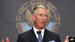 Britain's Prince Charles delivers the keynote address on sustainable agriculture, at Gaston Hall at Georgetown University in Washington, May 4, 2011