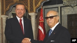 Tunisian Prime Minister Beji Caid Essebsi, right, shakes hands with his Turkish counterpart Recep Tayyip Erdogan at the prime minister office in Tunis, September 15, 2011.