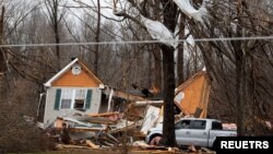 A general view of the damage after devastating outbreak of tornadoes ripped through several U.S. states, in Dickson, Tennessee, Dec. 11, 2021. 