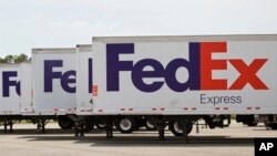 FedEx Express trucks at Richmond International Airport in Sandston, Va., April 18, 2017.