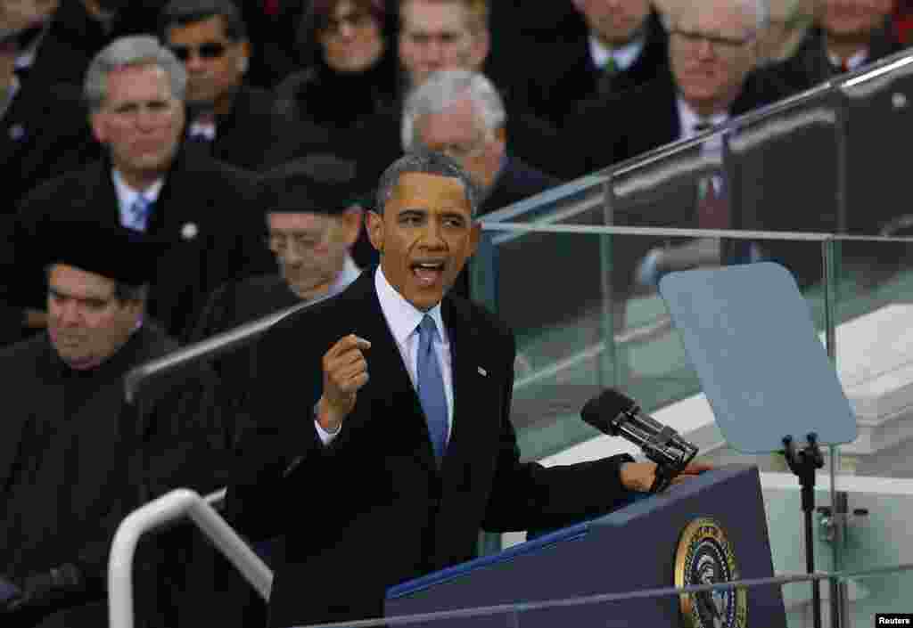 U.S. President Barack Obama delivers his inaugural address during inauguration ceremonies in Washington, January 21, 2013