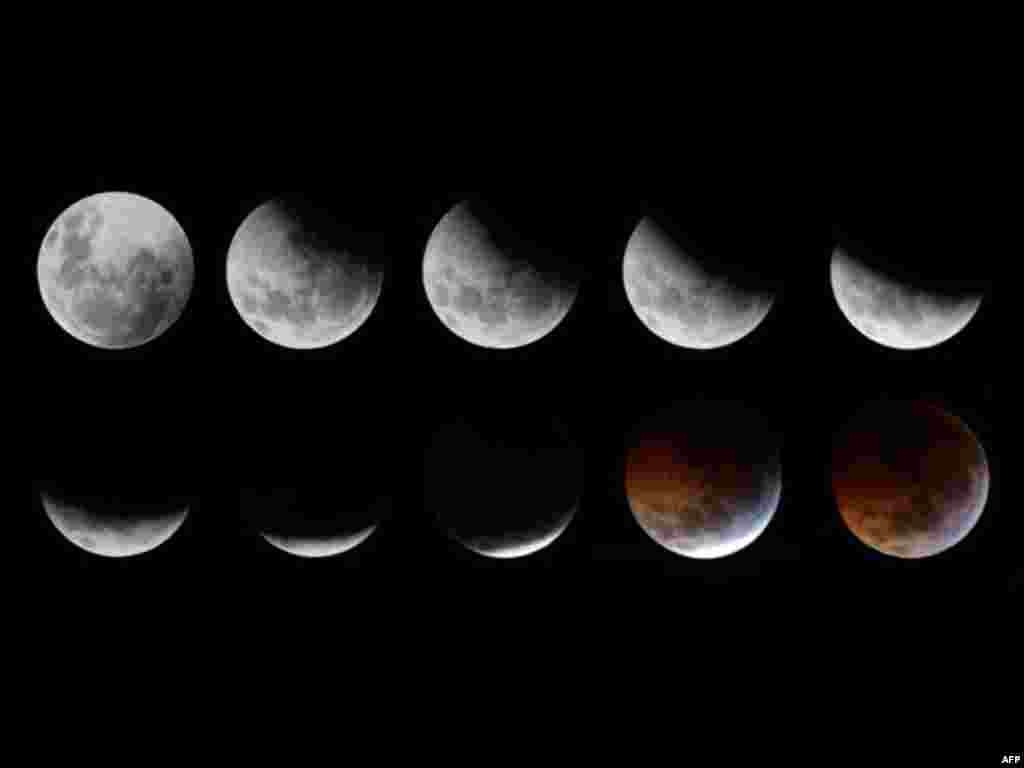 A combination of photographs shows the gradual lunar eclipse ending with a total eclipse as seen over the skies of Mexico City December 21, 2010. During the eclipse, the Earth lined up directly between the Sun and the Moon, casting Earth's shadow over the