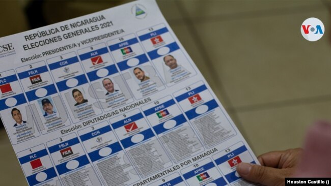 Una boleta de muestra de las elecciones presidenciales del 7 de noviembre de 2021 en Nicaragua. Foto Houston Castillo, VOA.