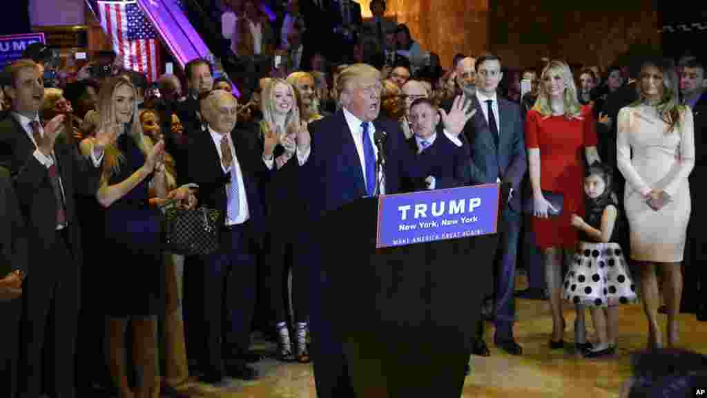 Donald Trump, candidat aux primaires républicaines, s&#39;addresse à ses partisants à New York, 19 avril 2016.