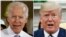 FILE - In this combination of file photos, former Vice President Joe Biden speaks in Collier, Pa., on March 6, 2018, and President Donald Trump speaks in the Oval Office of the White House in Washington on March 20, 2018.