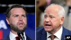 FILE - This combination of photos shows Republican vice presidential nominee Sen. JD Vance, left, on Aug. 6, 2024, in Philadelphia, Pennsylvania, and Democratic vice presidential candidate Minnesota Gov. Tim Walz, Aug. 9, 2024, in Glendale, Arizona.