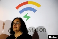 Vice President of Product Management at Google, Anjali Joshi, looks on during a news conference to announce the launching of Google Station in Mexico City, March 13, 2018.