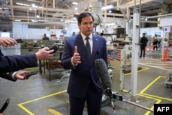 U.S. Secretary of State Marco Rubio speaks to the media during a visit to the workshops of aircraft maintenance firm Aeroman in San Luis Talpa, El Salvador, Feb. 3, 2025.