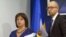 Ukraine's Prime Minister Arseny Yatseniuk and Finance Minister Natalia Yaresko leave a news conference in Kyiv, Ukraine, Oct. 15, 2015.