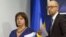 FILE - Ukraine's Prime Minister Arseny Yatseniuk and Finance Minister Natalia Yaresko leave a news conference in Kyiv, Ukraine, Oct. 15, 2015.