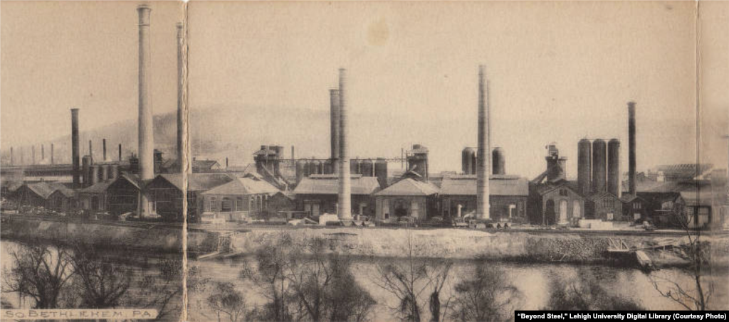Panoramic view of Bethlehem Steel plant looking across Lehigh River with South Mountain in background, Bethlehem, Pennsylvania, early 1900s.