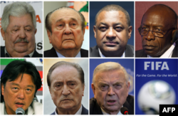 Para eksekutif FIFA yang ditangkap bulan Mei, atas, dari kiri, Rafael Esquivel, Nicolas Leoz, Jeffrey Webb dan Jack Warner. Bawah, dari kiri, Eduardo Li, Eugenio Figueredo dan Jose Maria Marin.