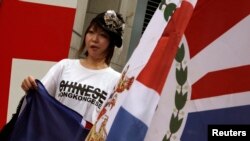 A protester, carrying a former Hong Kong colonial flag, demonstrates against China's intervention and control of the internal affairs of the former British colony, outside the British Consulate in Hong Kong June 15, 2014