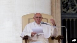 Pope Francis delivers his speech during the weekly general audience he held in St.Peter's Square, at the Vatican, Wednesday, March 16, 2016. 