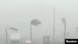 Category 1-strength winds bend palm trees as Hurricane Dorian slams into St. Thomas, U.S. Virgin Islands, Aug. 28, 2019, in this still image taken from social media video.