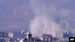 In this image from video obtained from the Shaam News Network, smoke rises due to shelling in the Damascus countryside, Jan. 2, 2013.
