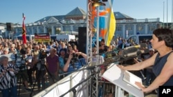 FILE - AfD federal party chairwoman Frauke Petry is speaking at the start of the Alternative for Germany, AfD, election campaign for the upcoming election in Mecklenburg-West Pomerania.