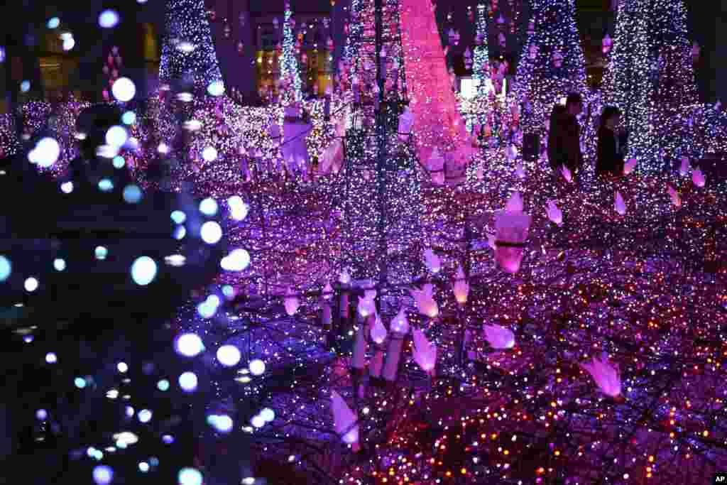 Visitors watch the annual year end illumination in the Shiodome district in Tokyo, Japan.