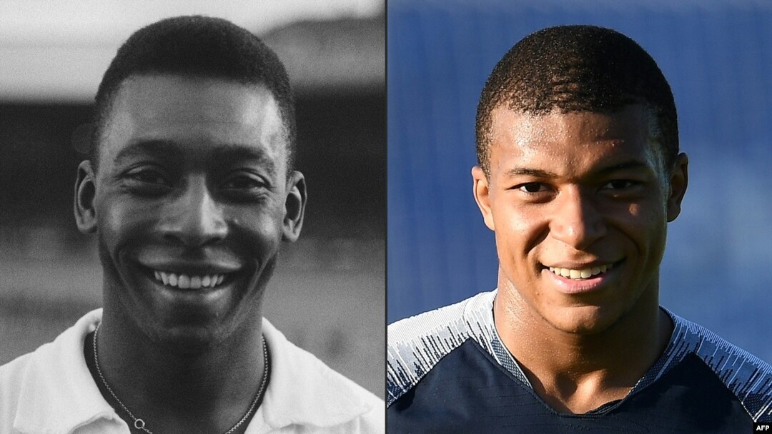 Dalam foto kombinasi, Pele (kiri) di Colombes, Perancis pada 13 Juni 1961 dan pemain depan timnas Perancis, Kylian Mbappe (kanan) di Istra, barat Moskow, 27 Juni 2018.