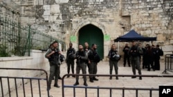 Israeli border police block the entrance to the Al-Aqsa compound in Jerusalem, March 12, 2019.