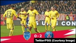 Les joueurs de PSG célèbrent leur victoire contre Troyes, France, le 3 mars 2018. 