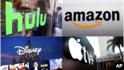 시계 방향으로 좌측 상단부터 훌루(Hulu) 로고, 아마존(Amazon) 로고, 애플 TV+ 로고, 디즈니 플러스(Disney Plus) 등 스트리밍 서비스 캡처 화면.
