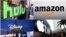 시계 방향으로 좌측 상단부터 훌루(Hulu) 로고, 아마존(Amazon) 로고, 애플 TV+ 로고, 디즈니 플러스(Disney Plus) 등 스트리밍 서비스 캡처 화면.