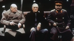 British Prime Minister Winston Churchill, left, US President Franklin Roosevelt and Soviet Premier Josef Stalin in Yalta, Crimea, on February 4, 1945