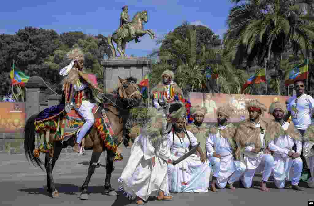 A theatrical troupe poses for a photograph on Adwa Victory Day, in the capital Addis Ababa, Ethiopia.