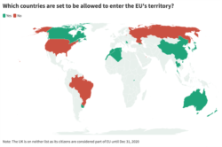 На цій карті зеленим позначено країни, яким дозволять, а червоним - яким заборонять в'їзд до ЄС 1 липня