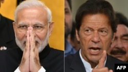 FILE - This combination of file pictures shows, left, India's Prime Minister Narendra Modi on an official visit to Tokyo, Oct. 29, 2018, and, right, Pakistan's Imran Khan speaks to the media in Islamabad, Nov. 3, 2016.