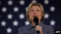 Democratic presidential nominee former Secretary of State Hillary Clinton speaks during a campaign rally, Sept. 29, 2016 in Des Moines, Iowa.