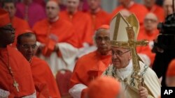 Pope Francis leaves after a consistory in St. Peter's Basilica at the Vatican, June 28, 2018.