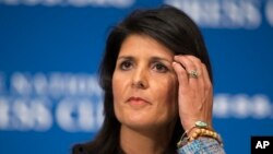 FILE - Gov. Nikki Haley, R- S.C., delivers a speech on "Lessons from the New South" during a luncheon at the National Press Club, Sept. 2, 2015, in Washington. 
